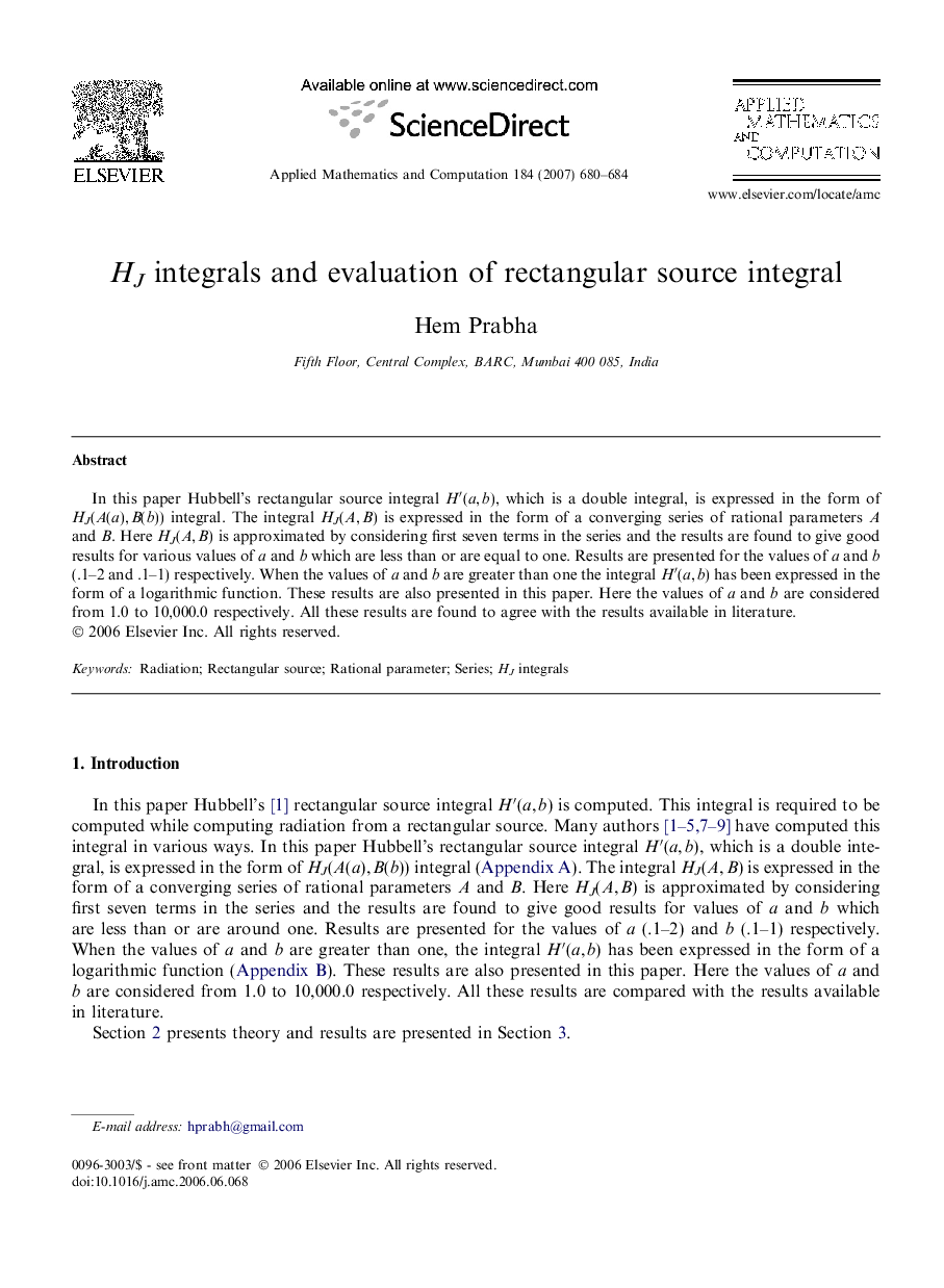 HJ integrals and evaluation of rectangular source integral