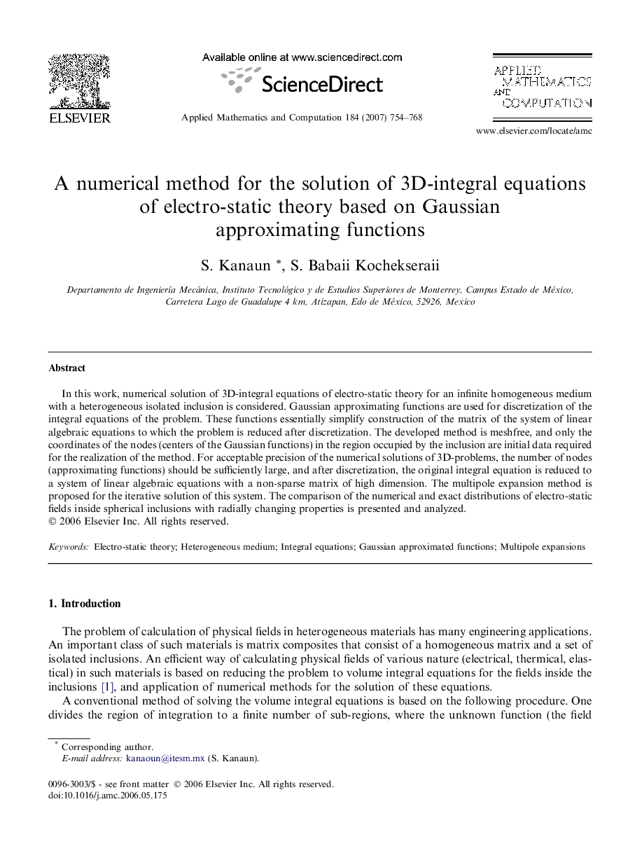 A numerical method for the solution of 3D-integral equations of electro-static theory based on Gaussian approximating functions