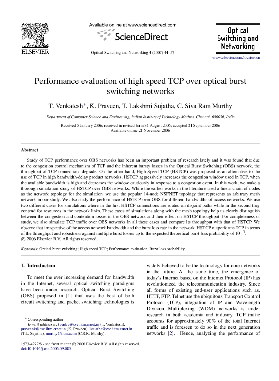 Performance evaluation of high speed TCP over optical burst switching networks