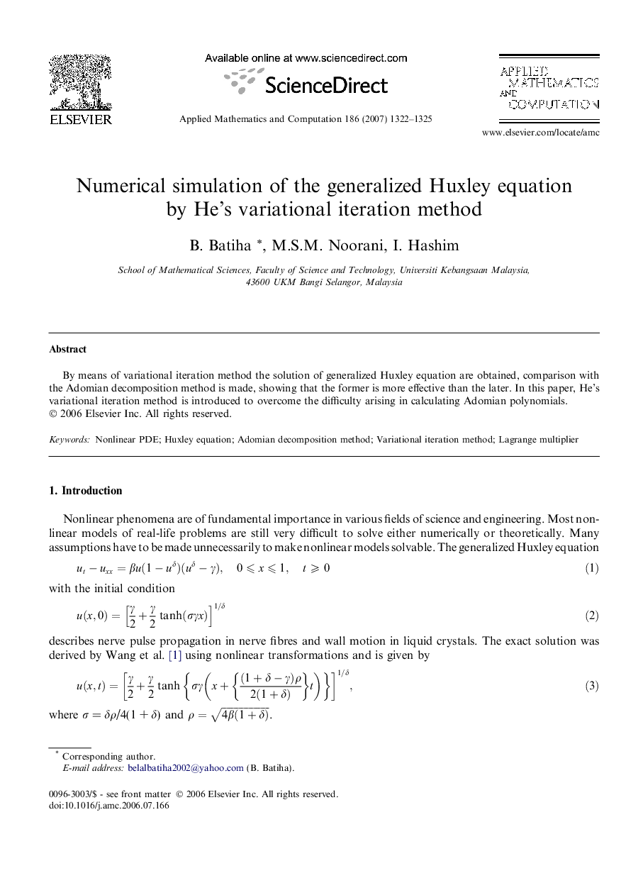 Numerical simulation of the generalized Huxley equation by He's variational iteration method