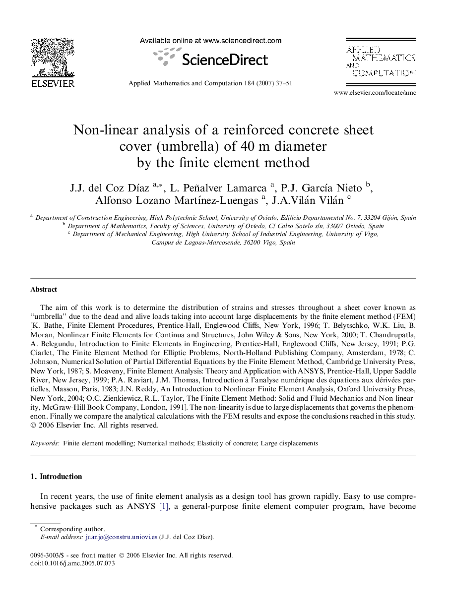 Non-linear analysis of a reinforced concrete sheet cover (umbrella) of 40Â m diameter by the finite element method