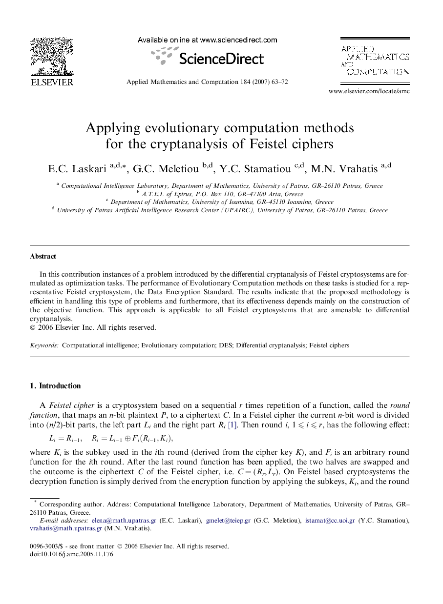 Applying evolutionary computation methods for the cryptanalysis of Feistel ciphers