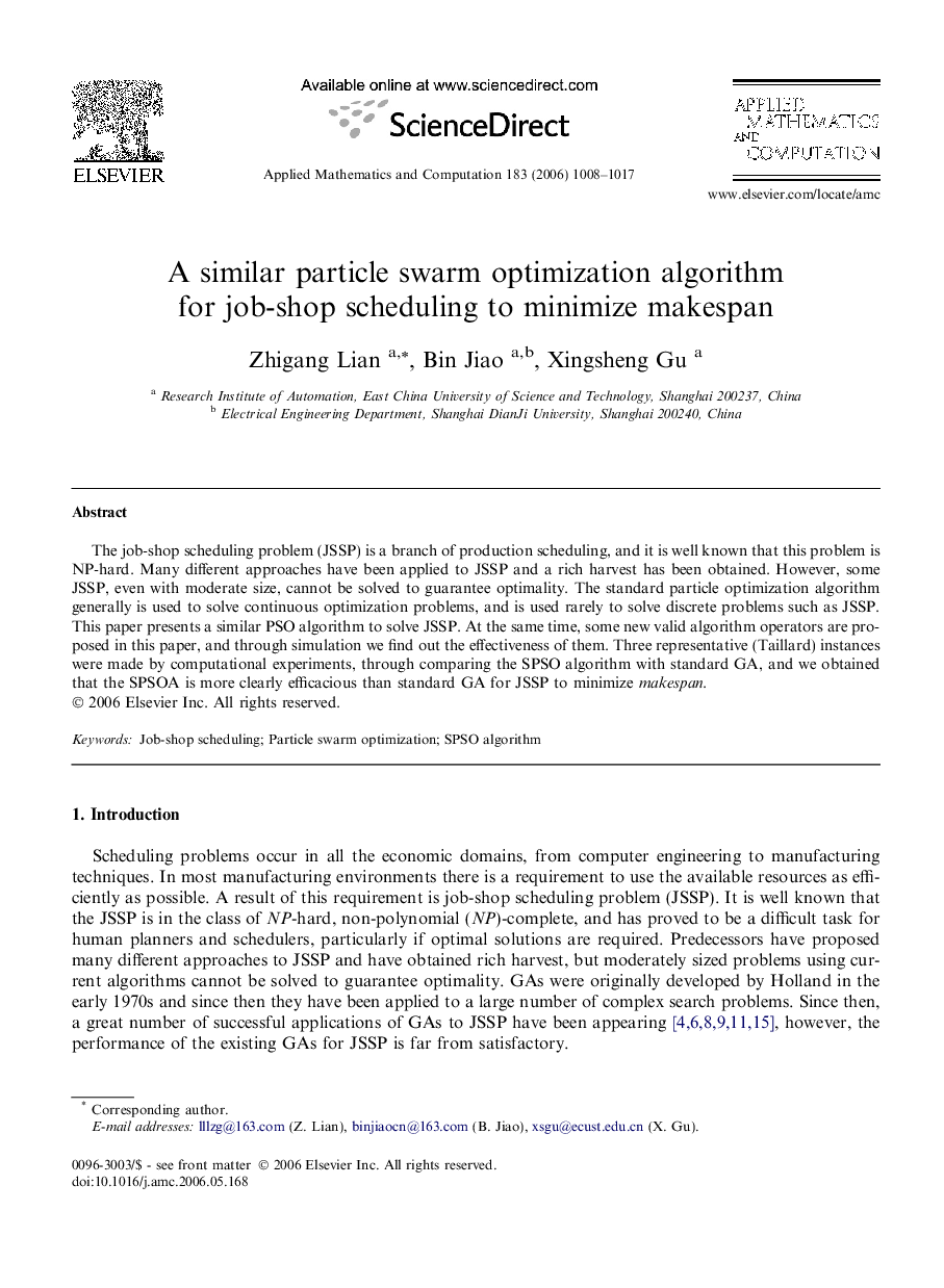 A similar particle swarm optimization algorithm for job-shop scheduling to minimize makespan