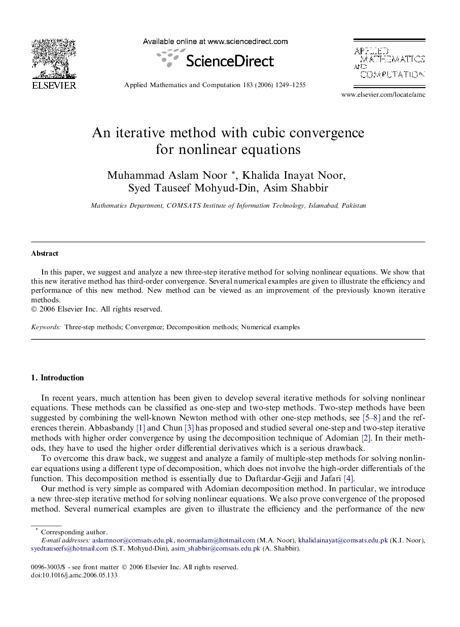 An iterative method with cubic convergence for nonlinear equations