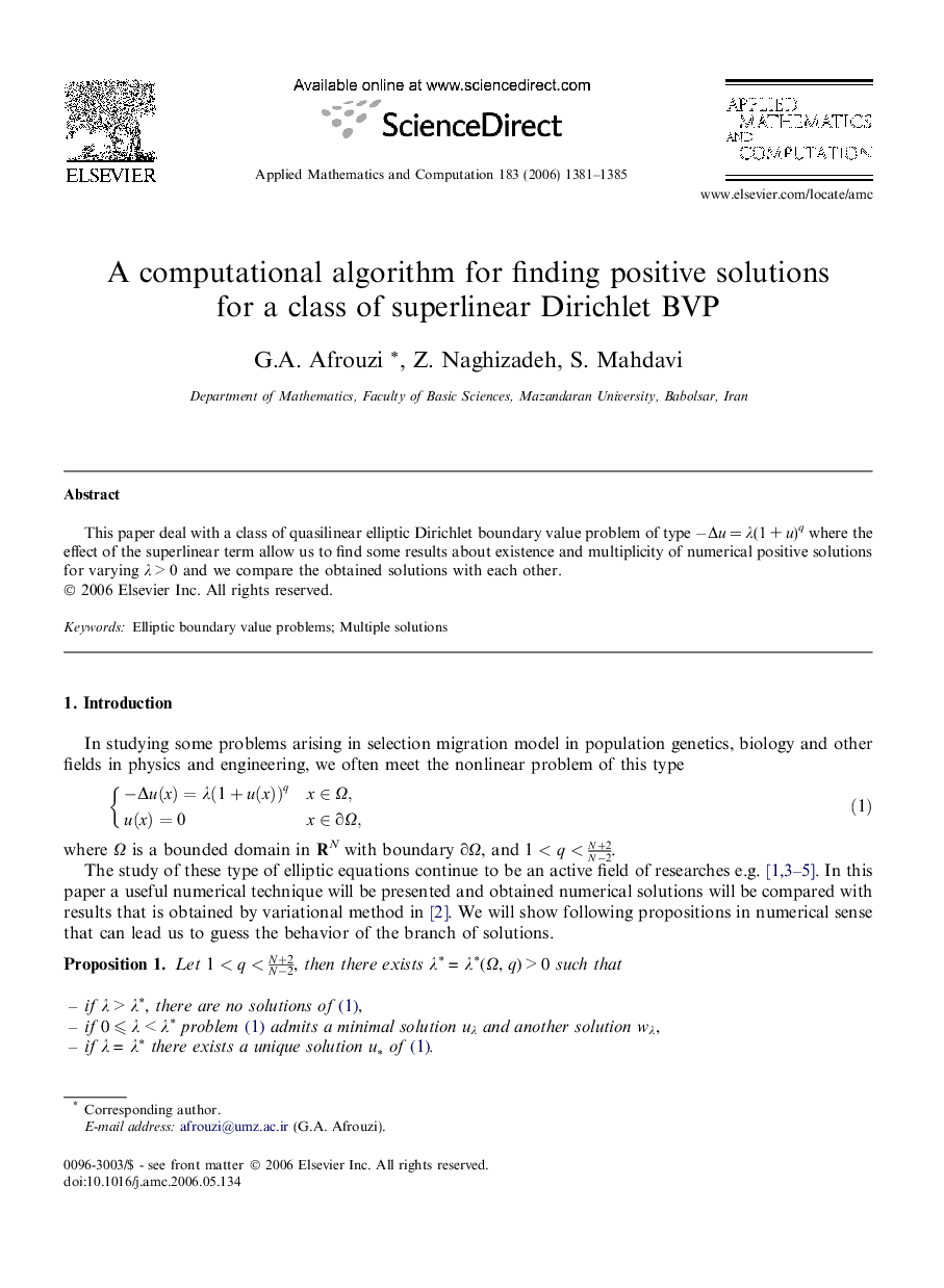 A computational algorithm for finding positive solutions for a class of superlinear Dirichlet BVP