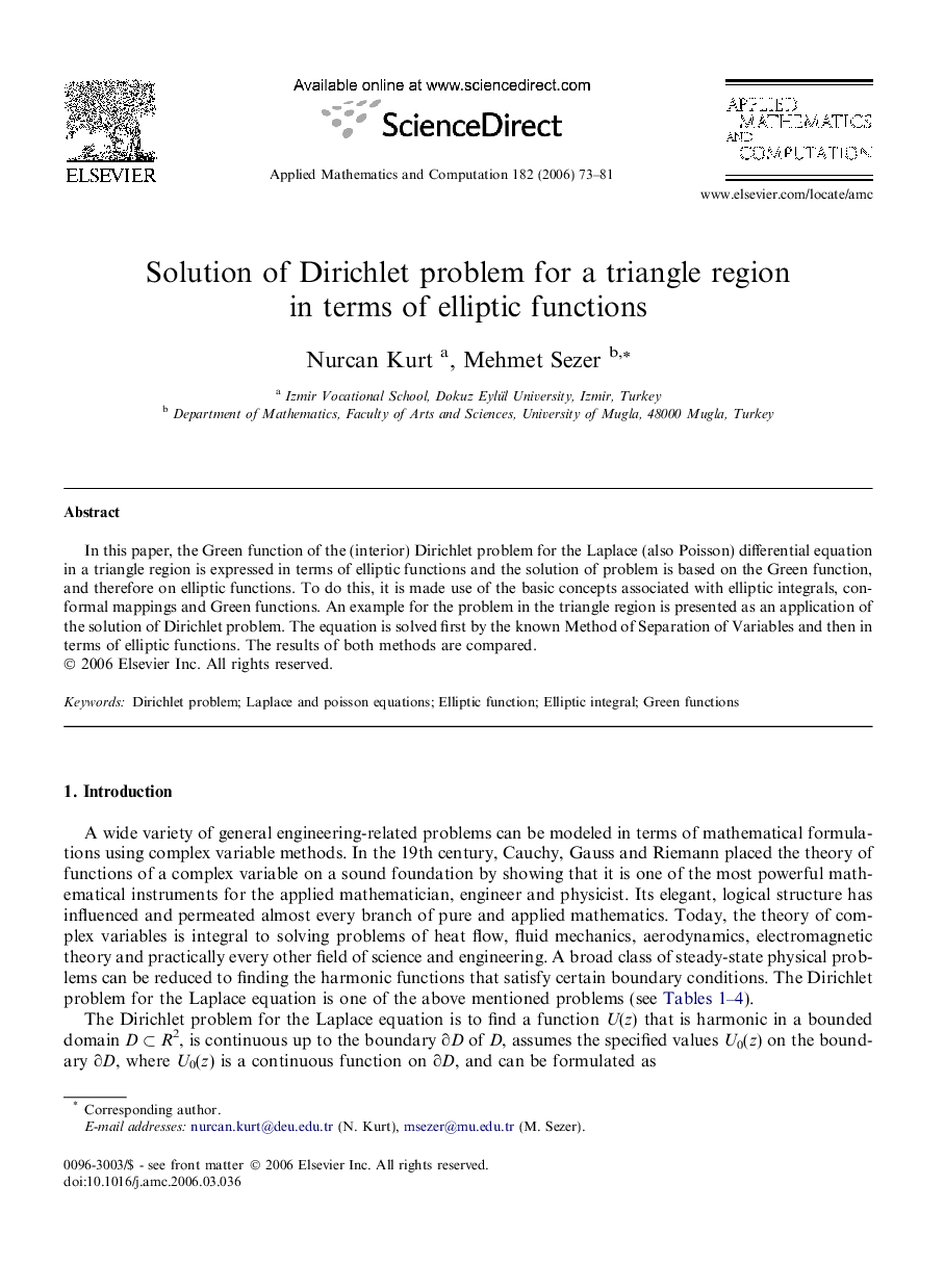 Solution of Dirichlet problem for a triangle region in terms of elliptic functions