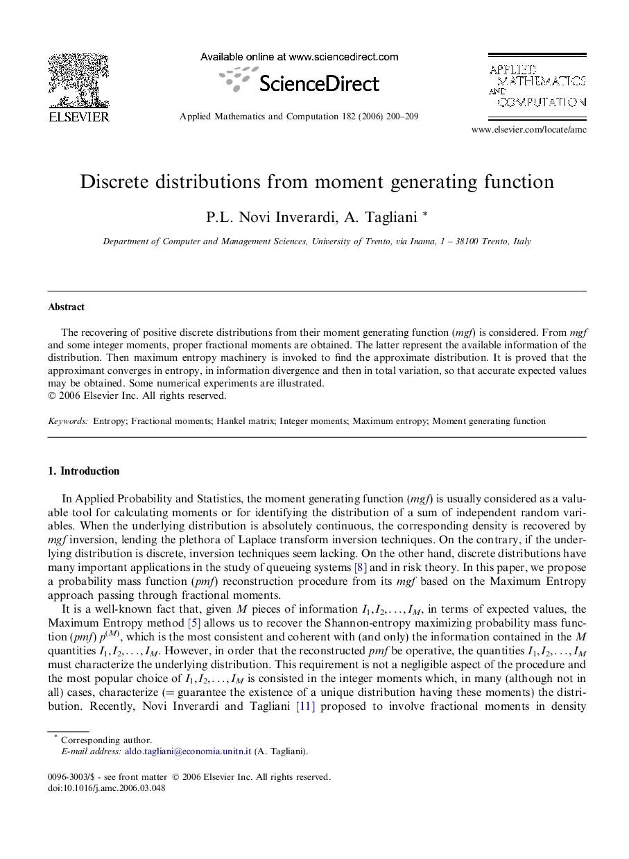 Discrete distributions from moment generating function