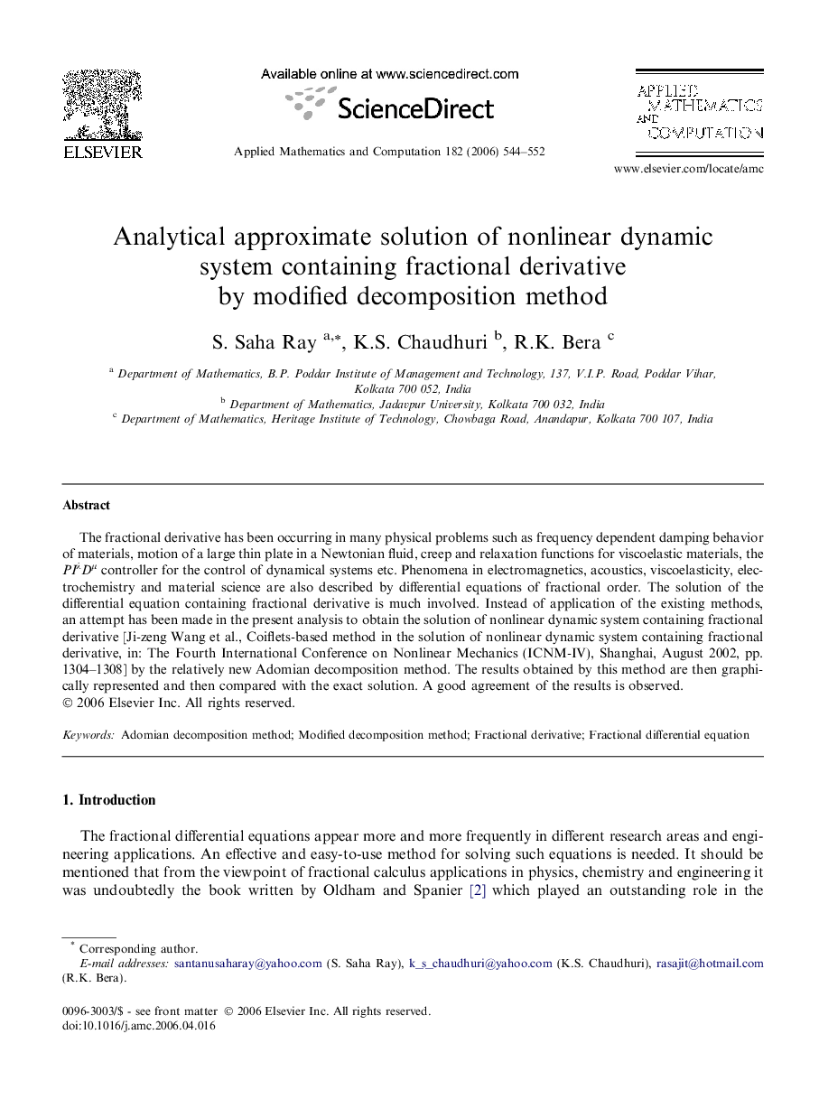 Analytical approximate solution of nonlinear dynamic system containing fractional derivative by modified decomposition method