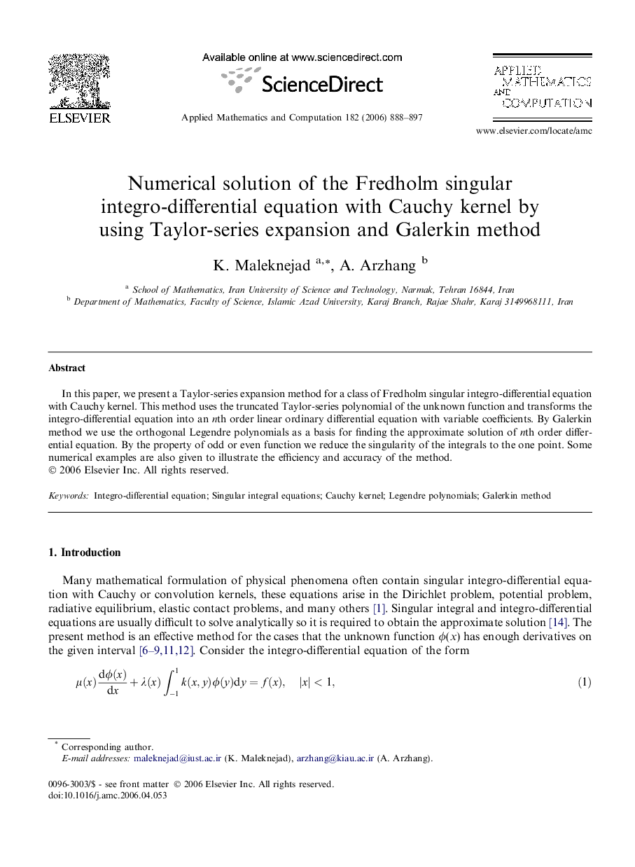 Numerical solution of the Fredholm singular integro-differential equation with Cauchy kernel by using Taylor-series expansion and Galerkin method