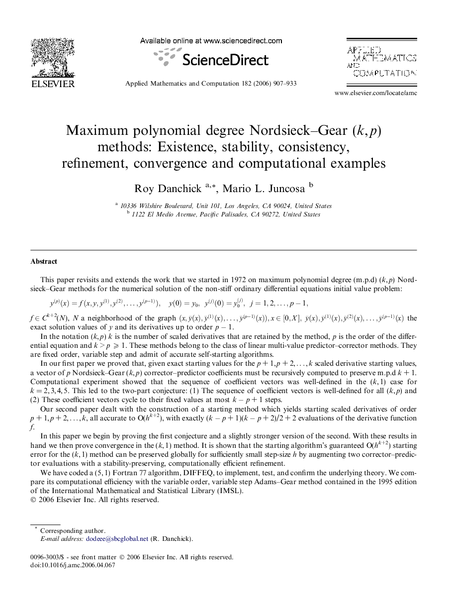 Maximum polynomial degree Nordsieck–Gear (k, p) methods: Existence, stability, consistency, refinement, convergence and computational examples