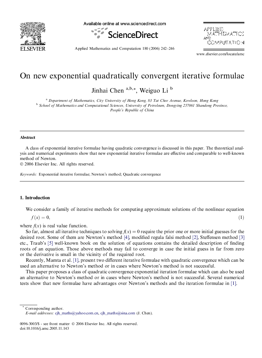 On new exponential quadratically convergent iterative formulae