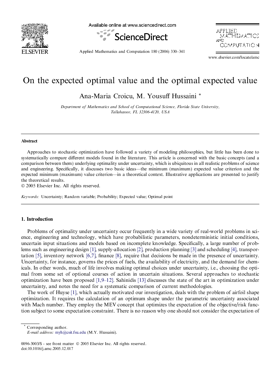 On the expected optimal value and the optimal expected value