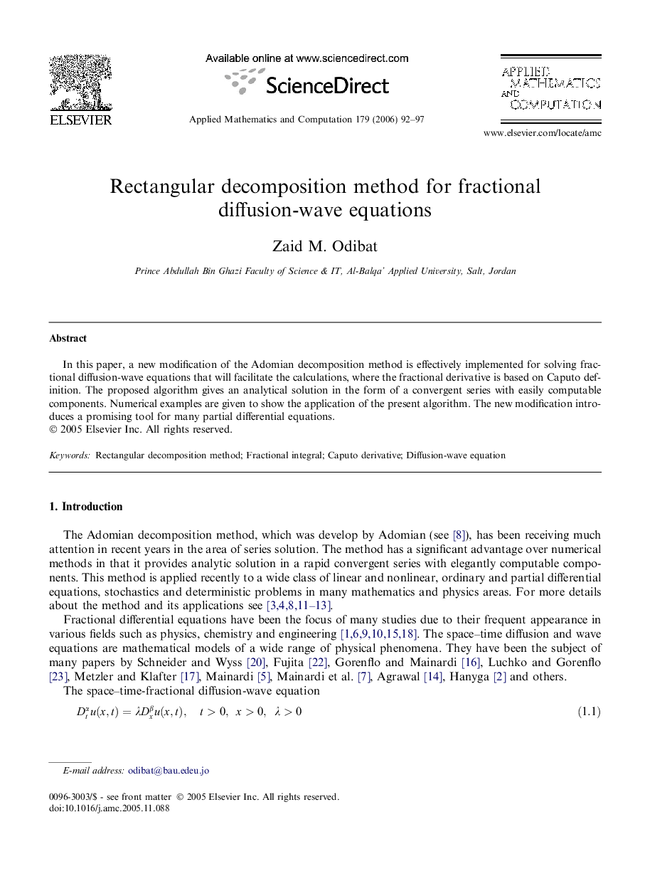 Rectangular decomposition method for fractional diffusion-wave equations