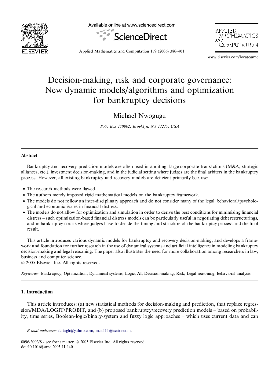 Decision-making, risk and corporate governance: New dynamic models/algorithms and optimization for bankruptcy decisions