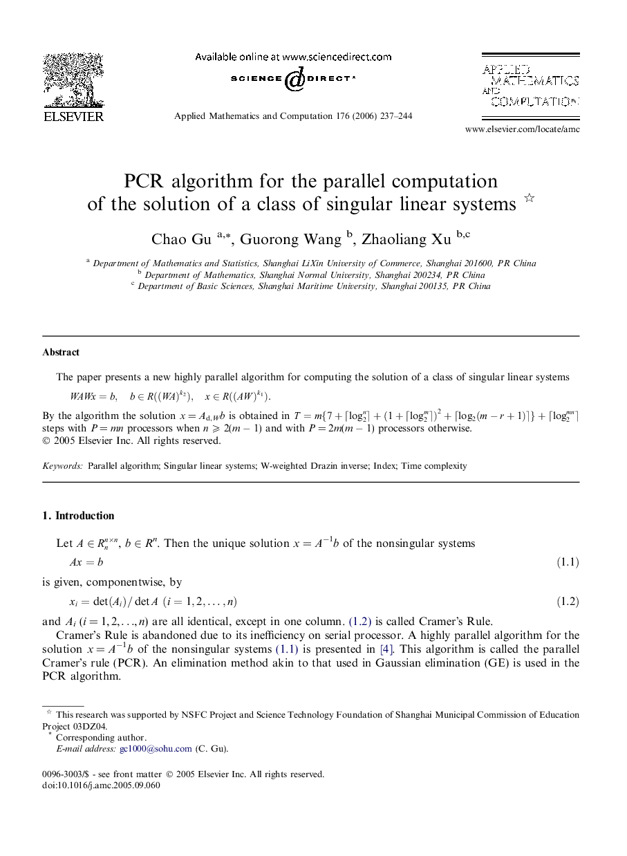 PCR algorithm for the parallel computation of the solution of a class of singular linear systems 