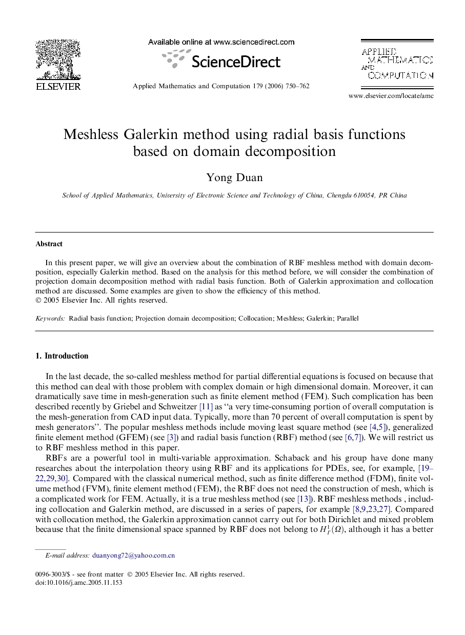 Meshless Galerkin method using radial basis functions based on domain decomposition