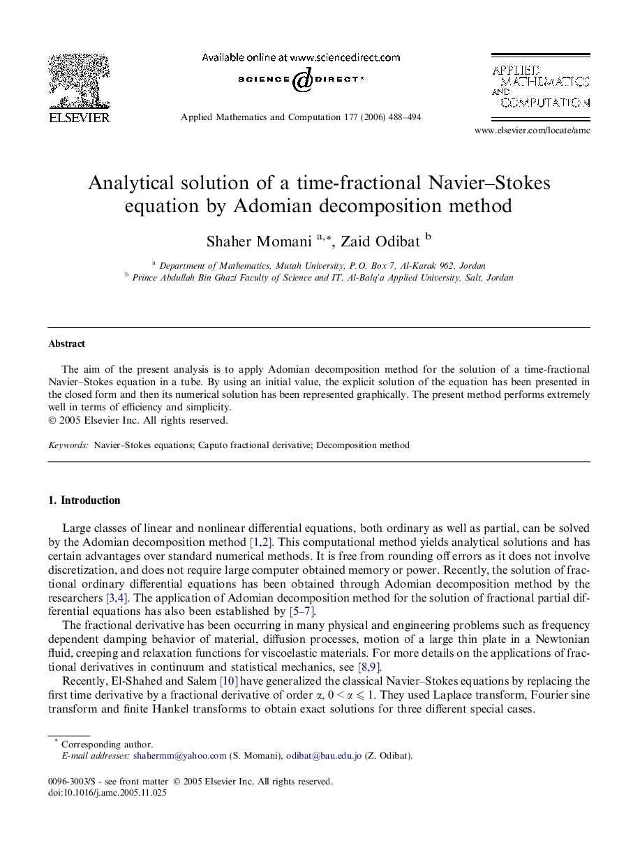 Analytical solution of a time-fractional Navier–Stokes equation by Adomian decomposition method