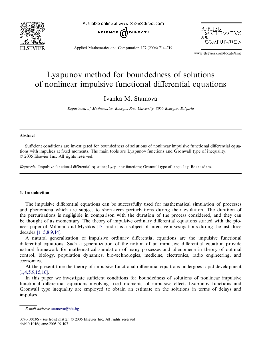 Lyapunov method for boundedness of solutions of nonlinear impulsive functional differential equations