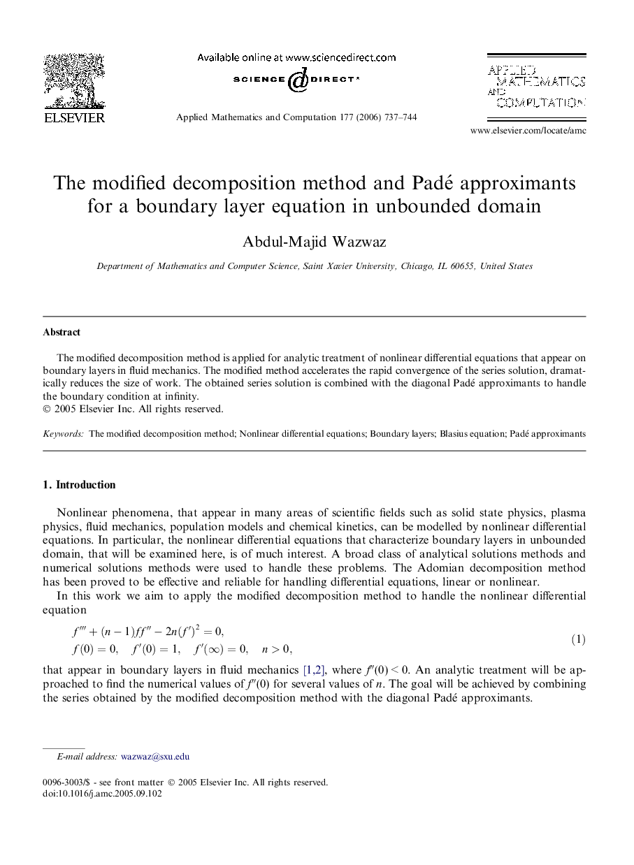 The modified decomposition method and Padé approximants for a boundary layer equation in unbounded domain