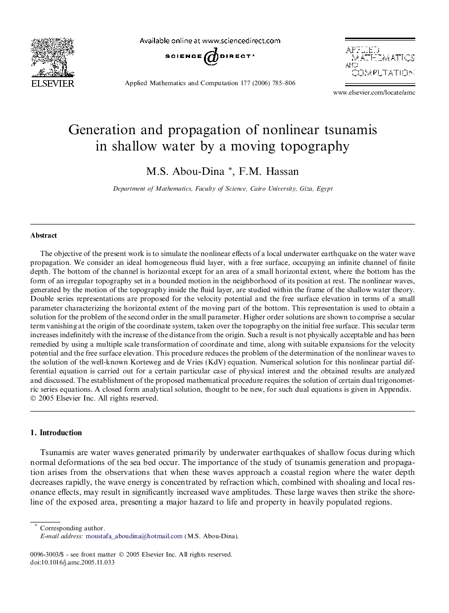 Generation and propagation of nonlinear tsunamis in shallow water by a moving topography