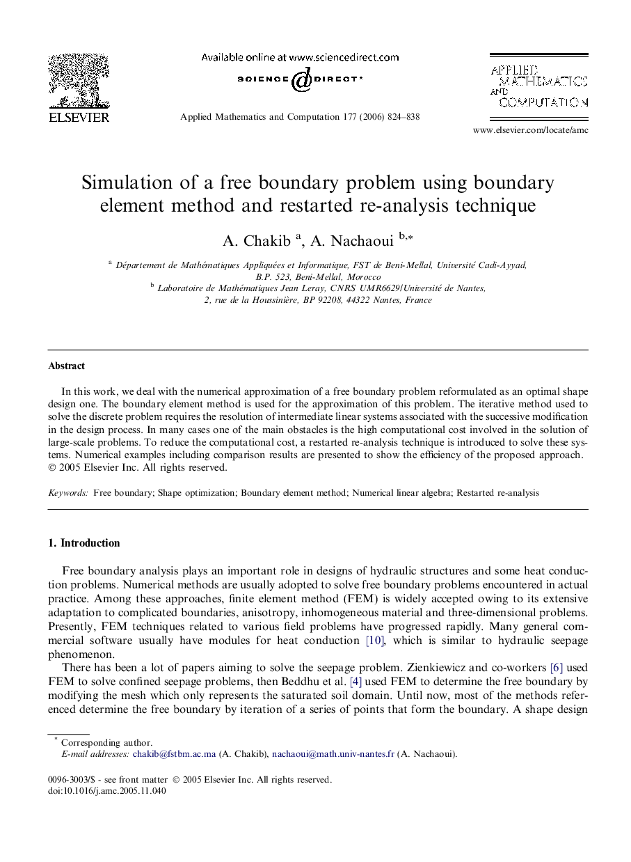 Simulation of a free boundary problem using boundary element method and restarted re-analysis technique