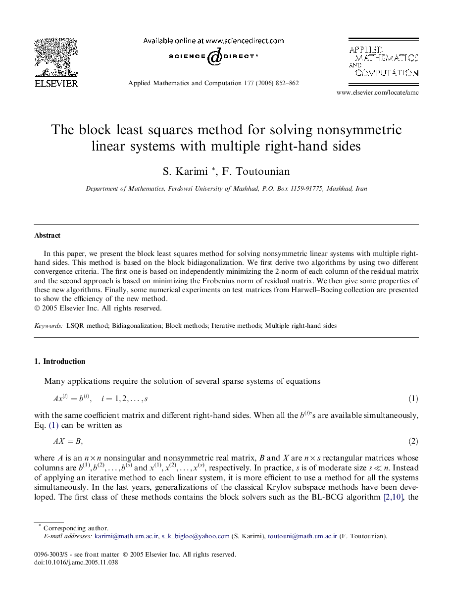 The block least squares method for solving nonsymmetric linear systems with multiple right-hand sides