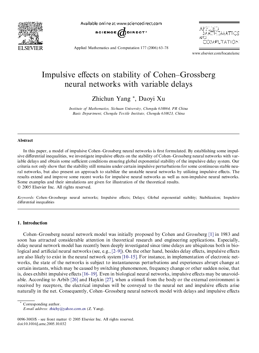 Impulsive effects on stability of Cohen–Grossberg neural networks with variable delays