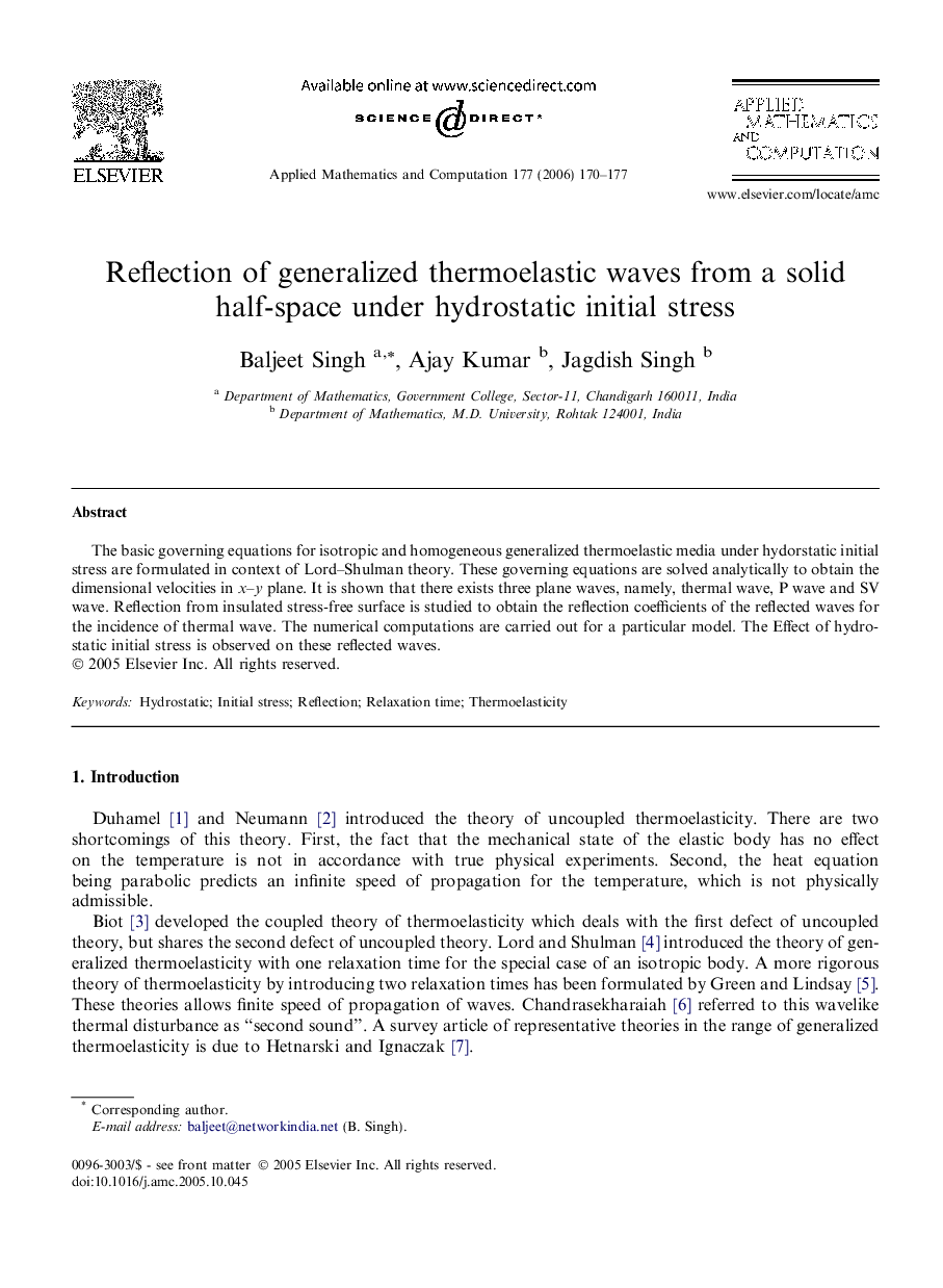 Reflection of generalized thermoelastic waves from a solid half-space under hydrostatic initial stress