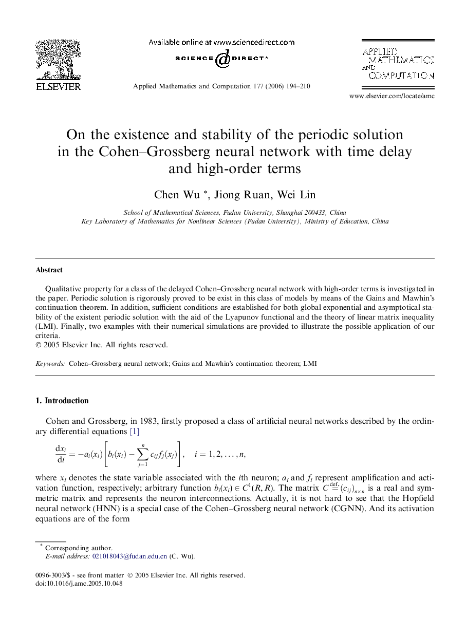 On the existence and stability of the periodic solution in the Cohen–Grossberg neural network with time delay and high-order terms