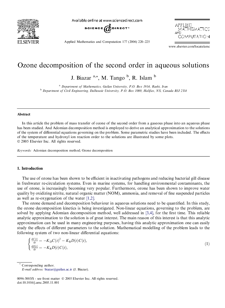 Ozone decomposition of the second order in aqueous solutions