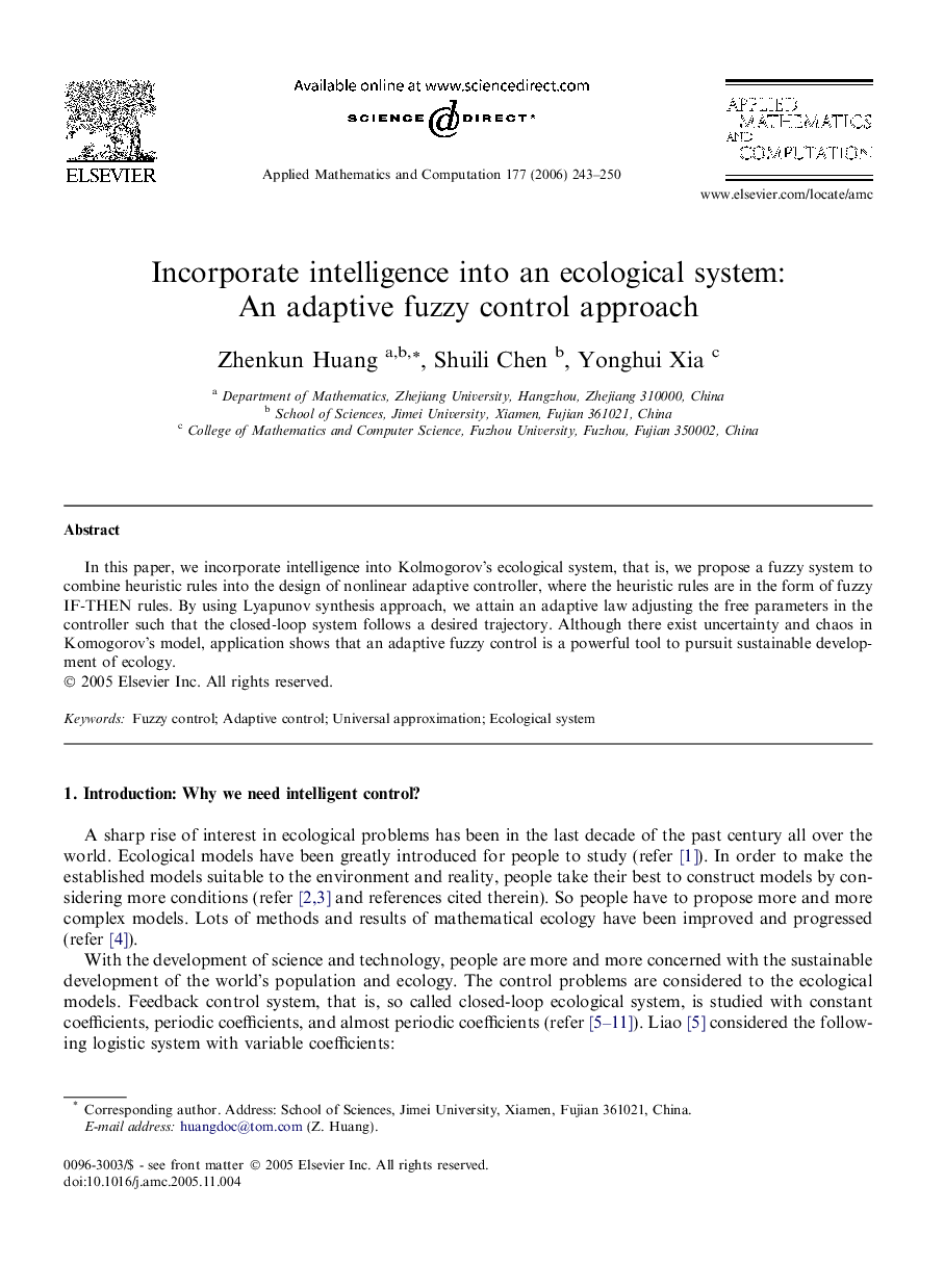 Incorporate intelligence into an ecological system: An adaptive fuzzy control approach