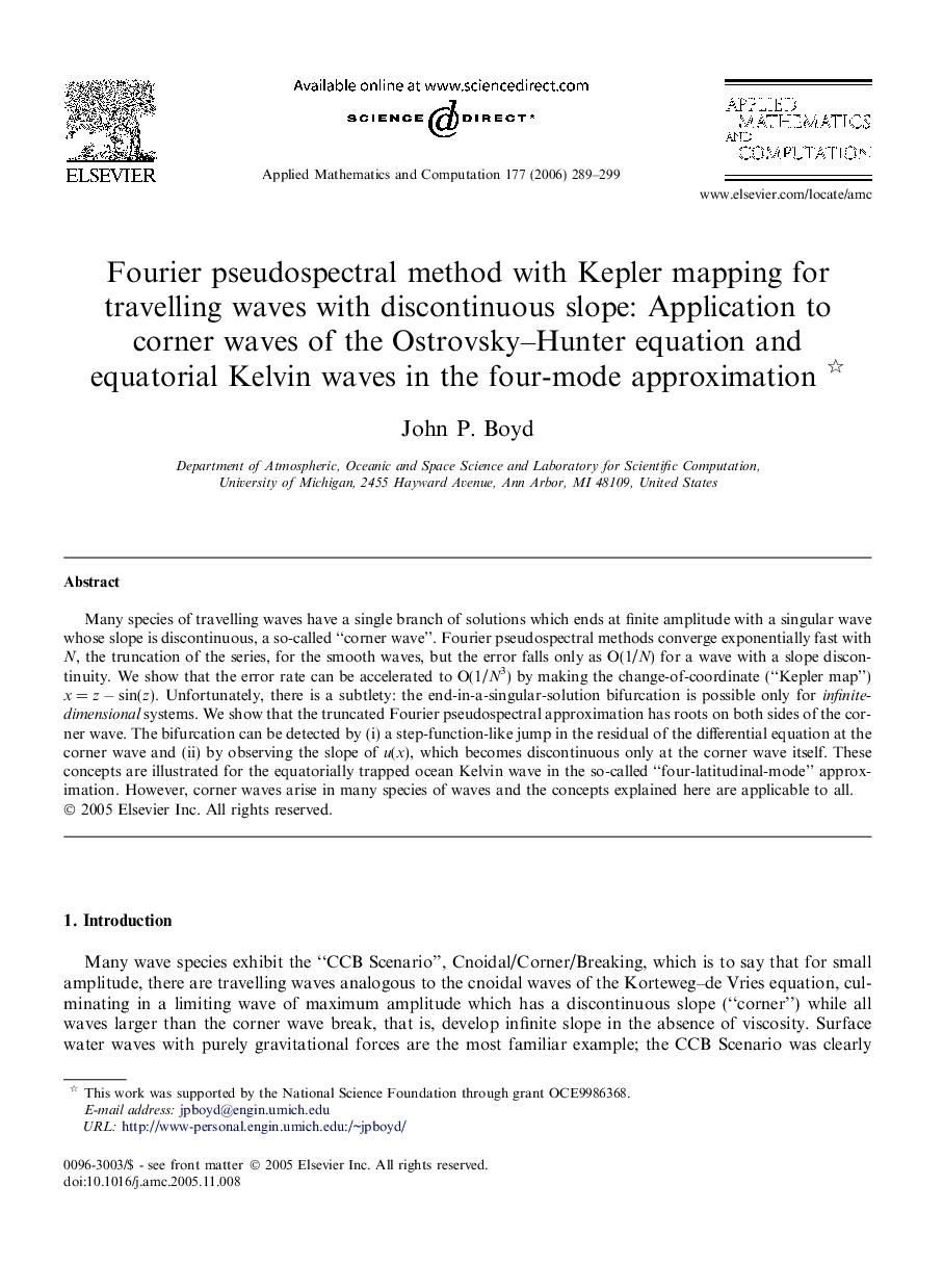 Fourier pseudospectral method with Kepler mapping for travelling waves with discontinuous slope: Application to corner waves of the Ostrovsky–Hunter equation and equatorial Kelvin waves in the four-mode approximation 