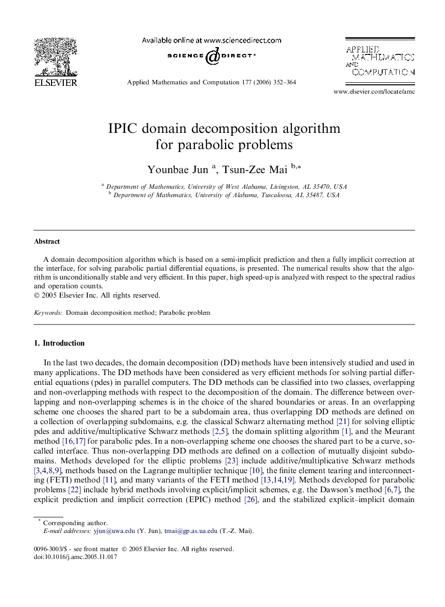 IPIC domain decomposition algorithm for parabolic problems