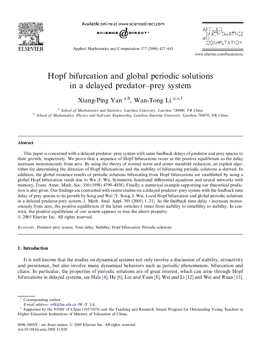 Hopf bifurcation and global periodic solutions in a delayed predator–prey system