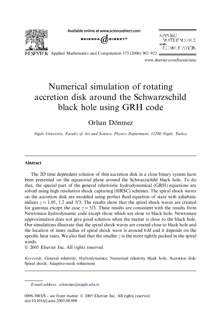 Numerical simulation of rotating accretion disk around the Schwarzschild black hole using GRH code