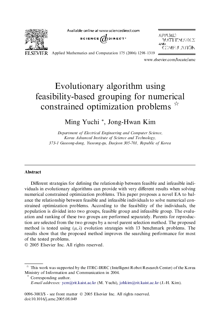 Evolutionary algorithm using feasibility-based grouping for numerical constrained optimization problems