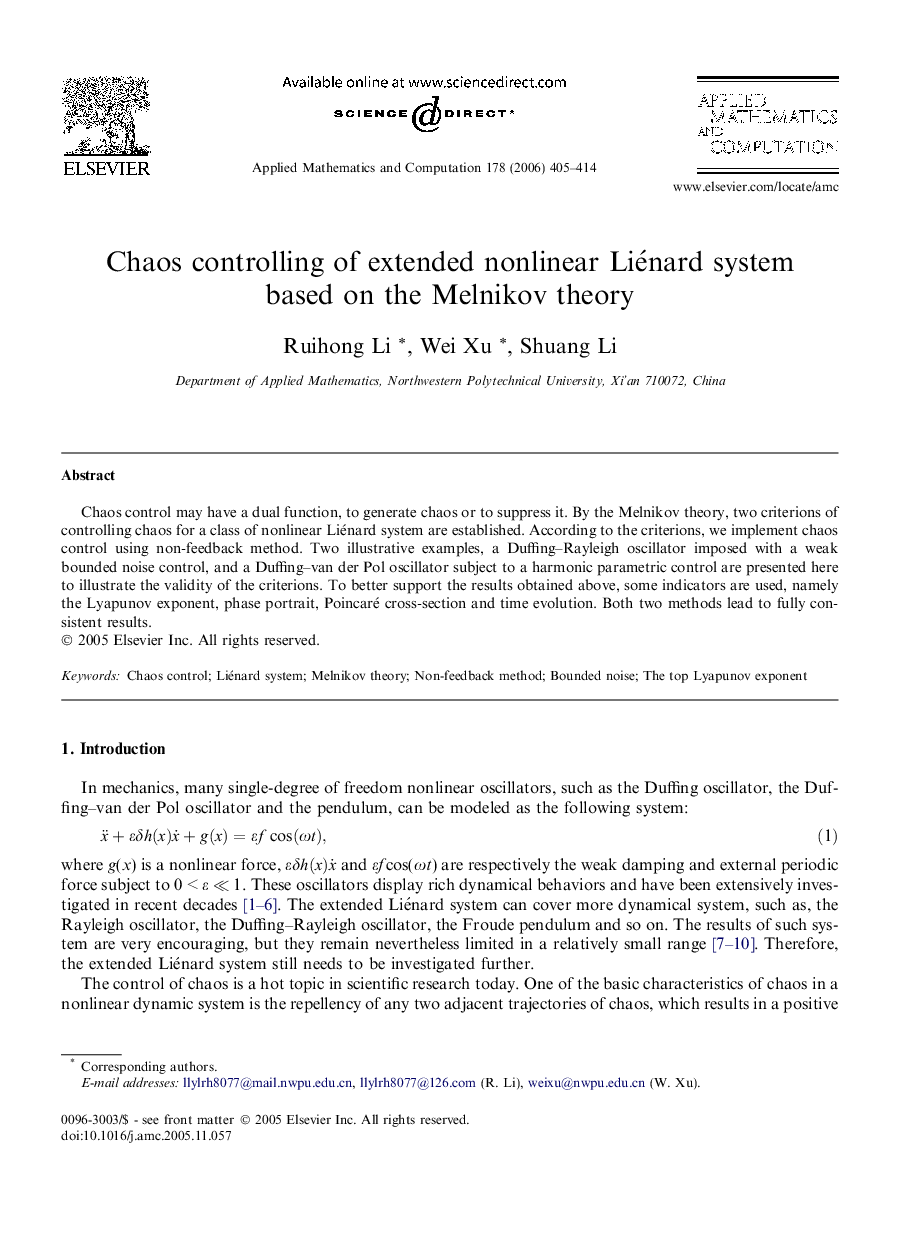 Chaos controlling of extended nonlinear Liénard system based on the Melnikov theory