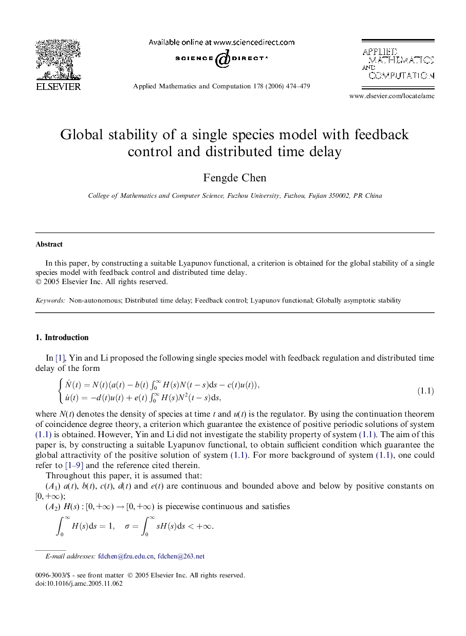 Global stability of a single species model with feedback control and distributed time delay