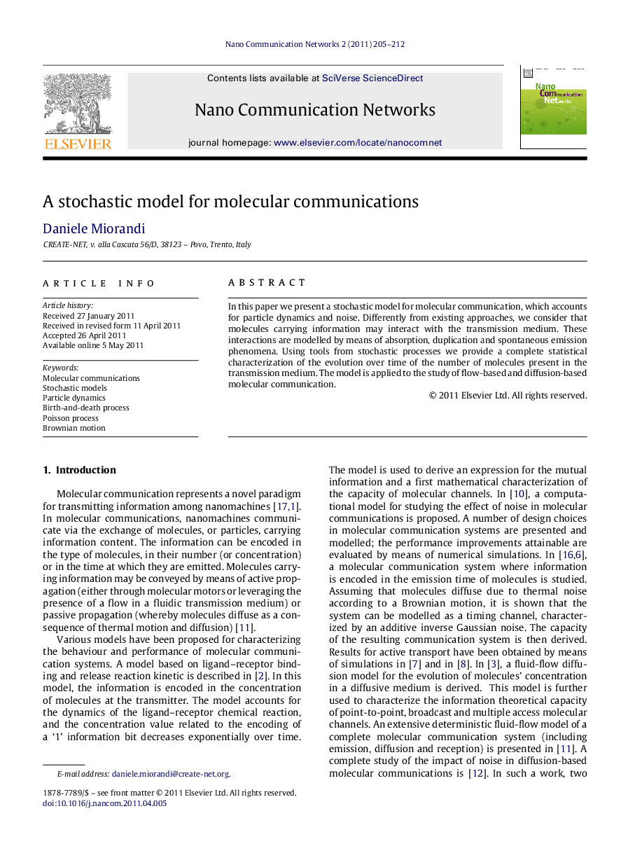 A stochastic model for molecular communications