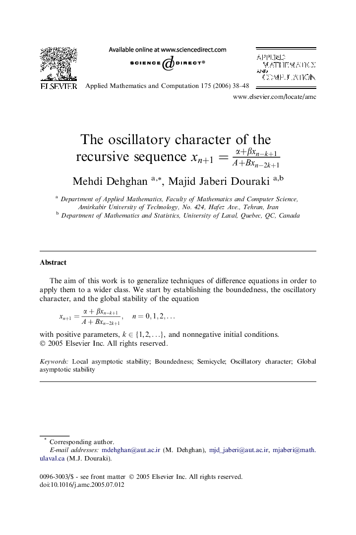 The oscillatory character of the recursive sequence xn+1=Î±+Î²xn-k+1A+Bxn-2k+1