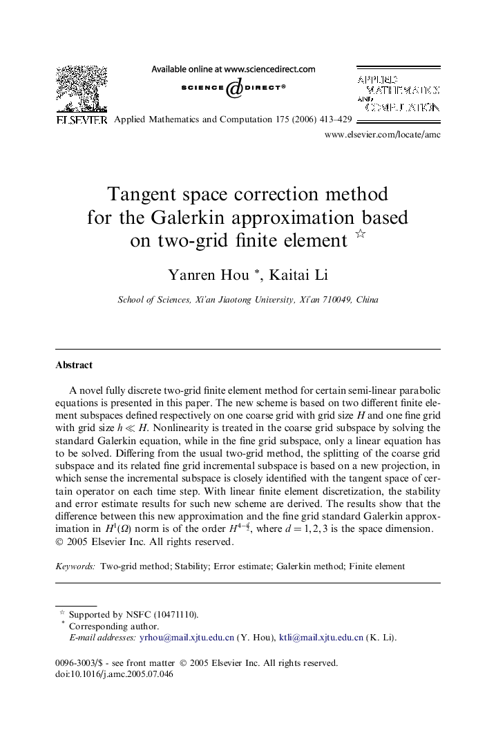 Tangent space correction method for the Galerkin approximation based on two-grid finite element