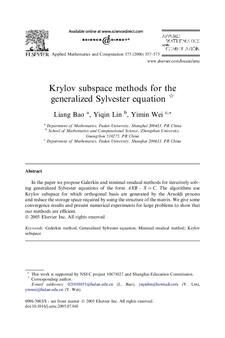 Krylov subspace methods for the generalized Sylvester equation 