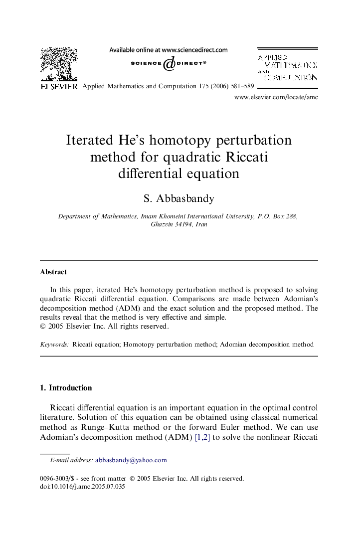 Iterated He’s homotopy perturbation method for quadratic Riccati differential equation