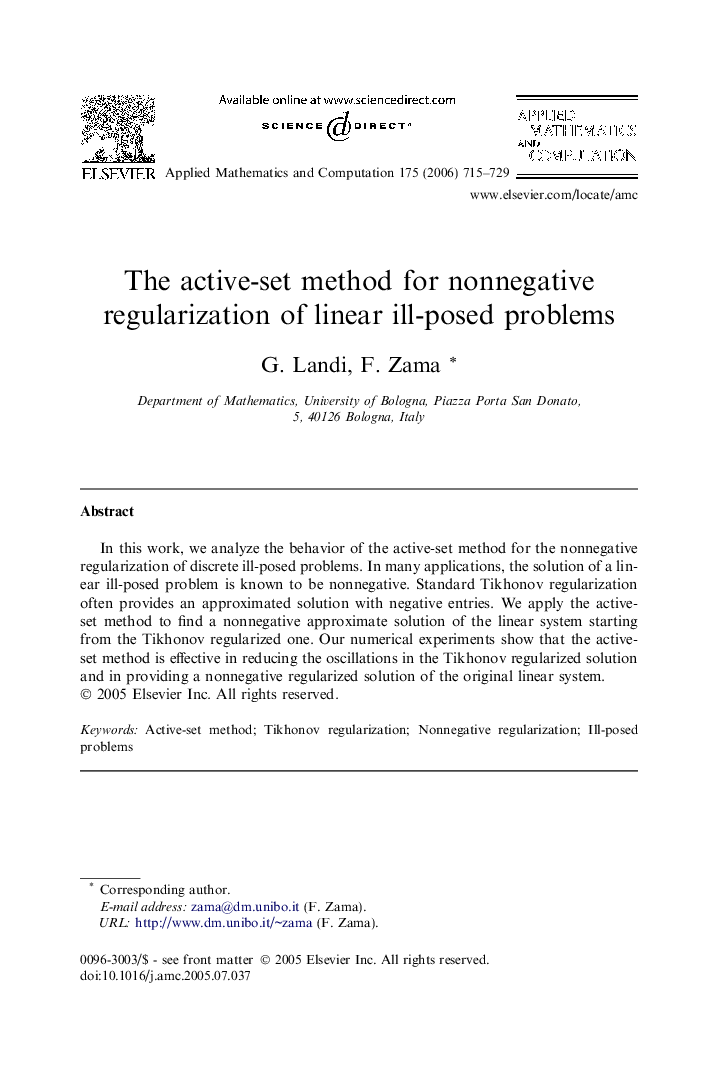 The active-set method for nonnegative regularization of linear ill-posed problems