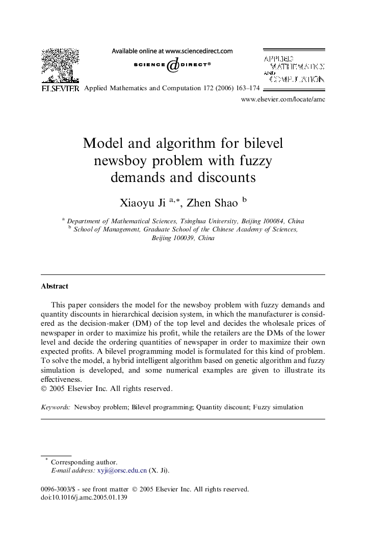 Model and algorithm for bilevel newsboy problem with fuzzy demands and discounts