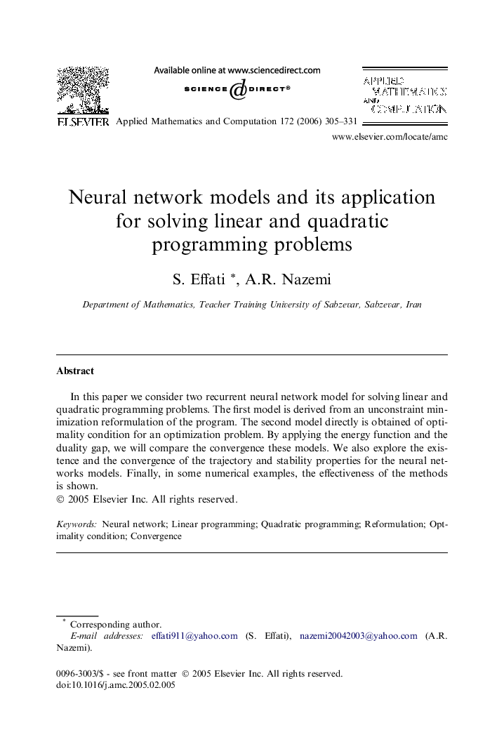 Neural network models and its application for solving linear and quadratic programming problems