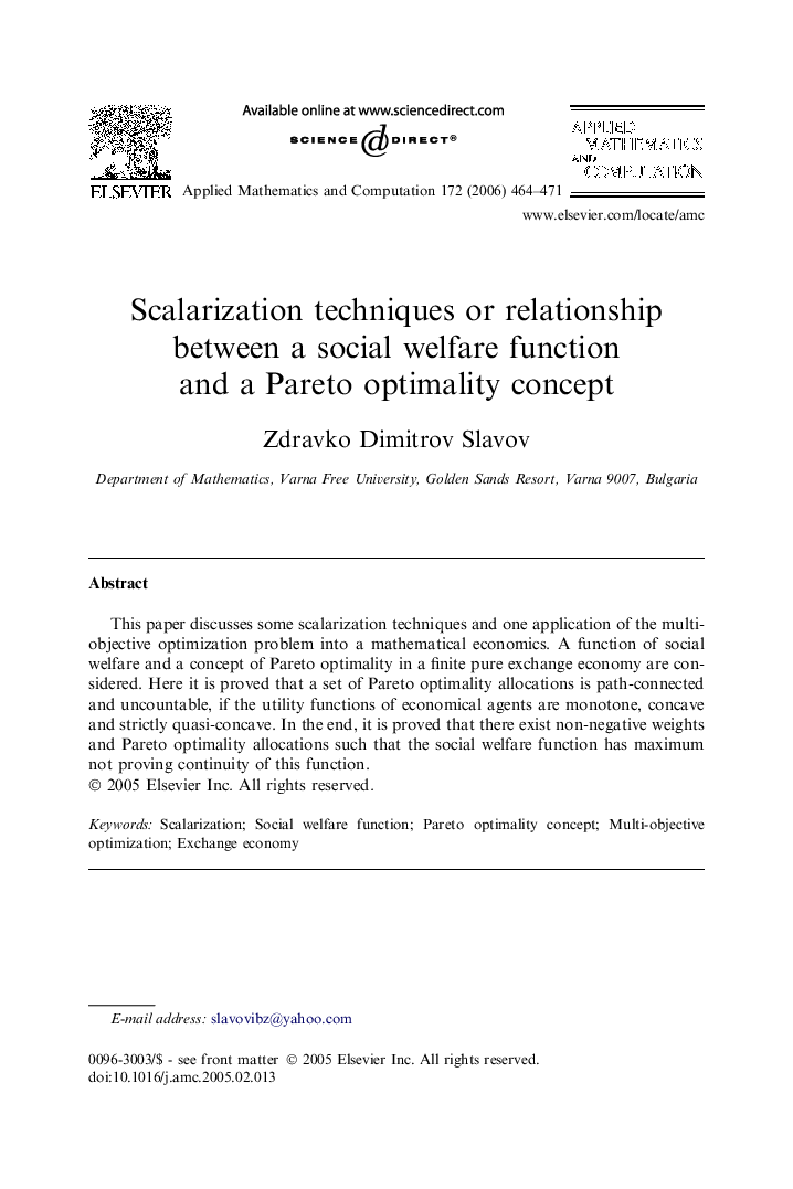 Scalarization techniques or relationship between a social welfare function and a Pareto optimality concept