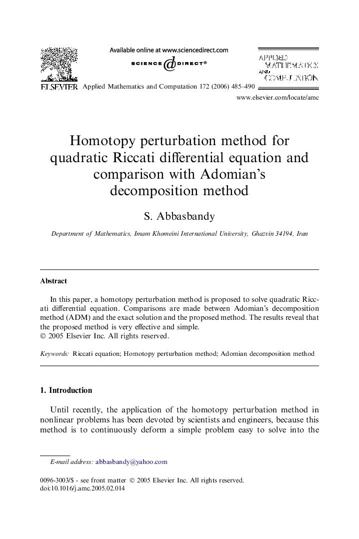 Homotopy perturbation method for quadratic Riccati differential equation and comparison with Adomian’s decomposition method