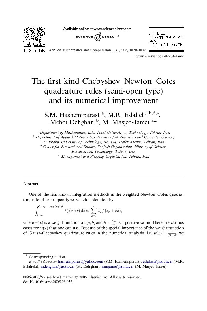 The first kind Chebyshev–Newton–Cotes quadrature rules (semi-open type) and its numerical improvement