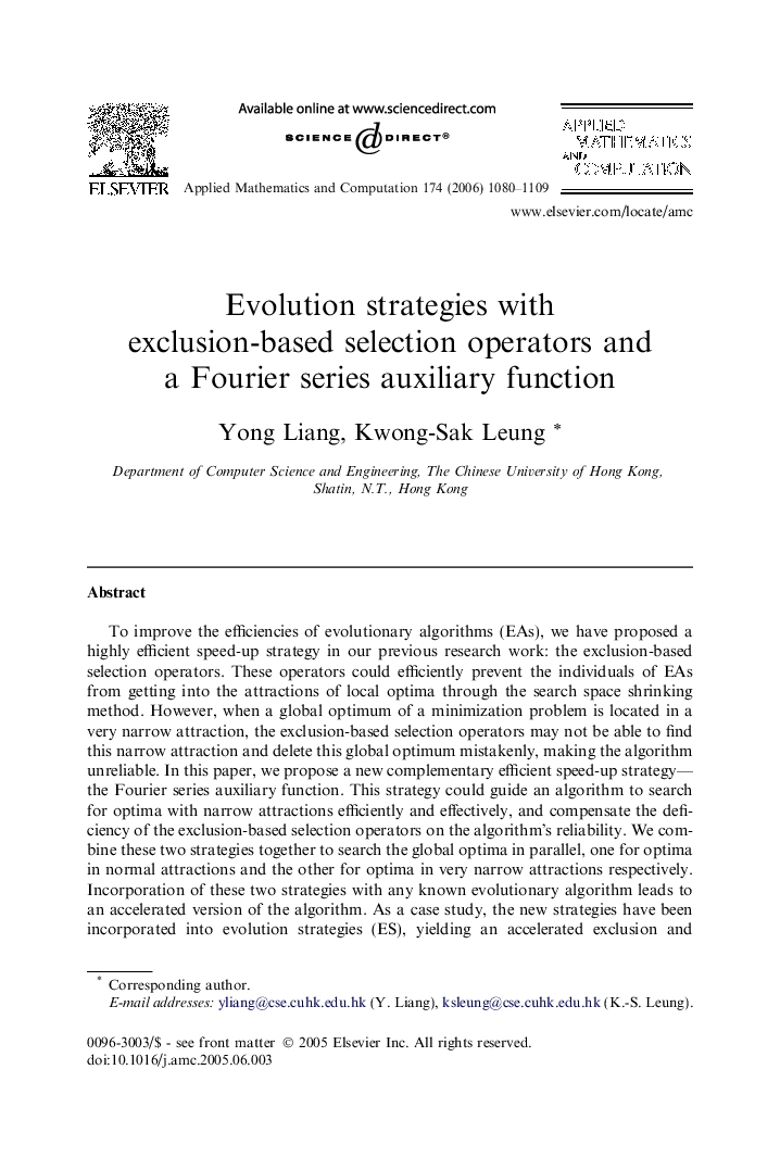 Evolution strategies with exclusion-based selection operators and a Fourier series auxiliary function